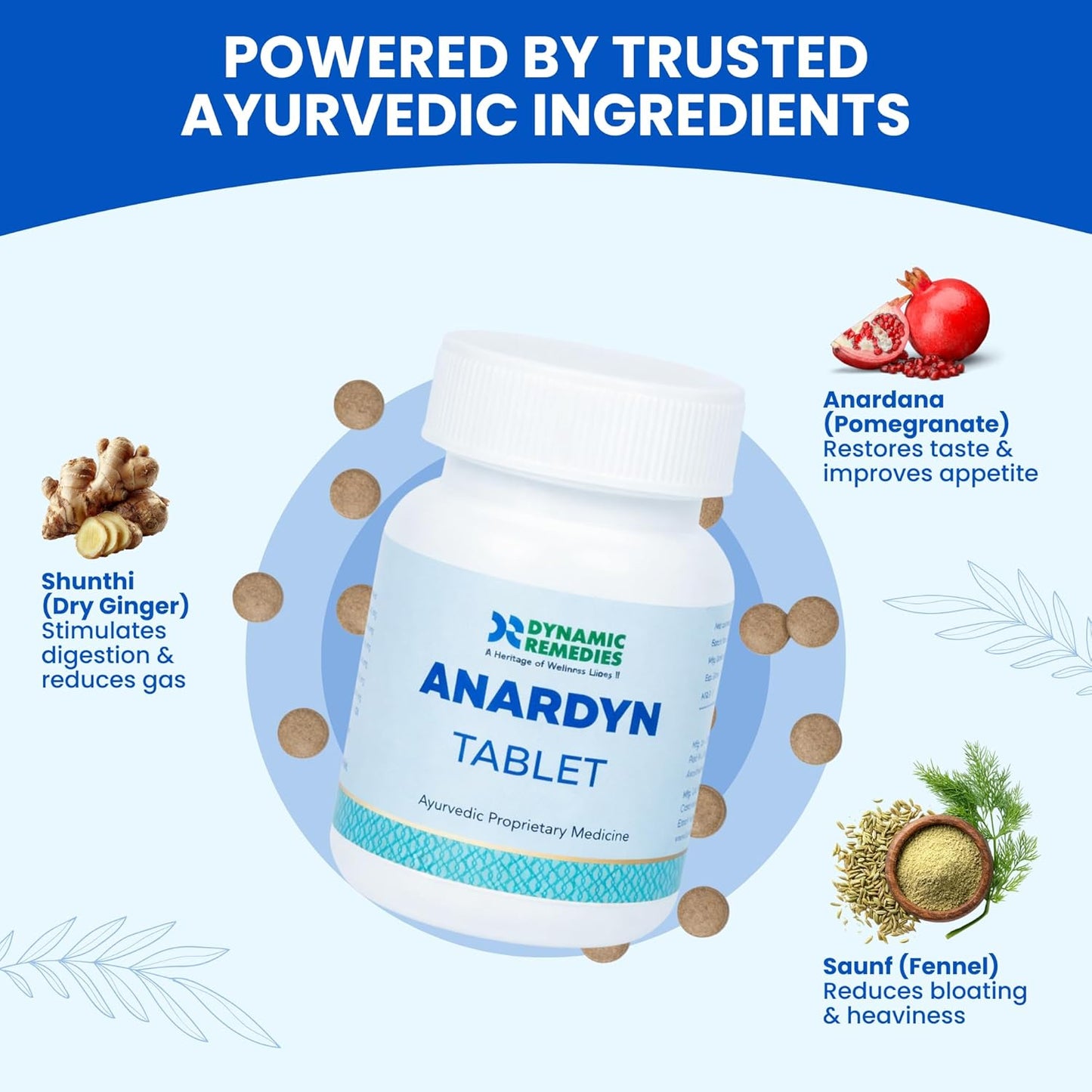 Anardyn Ayurvedic Digestive Tablets for Gas, Acidity, Bloating & Low Appetite | With Shunthi, Anardana & Saunf | Supports Healthy Digestion | 60 Tabs